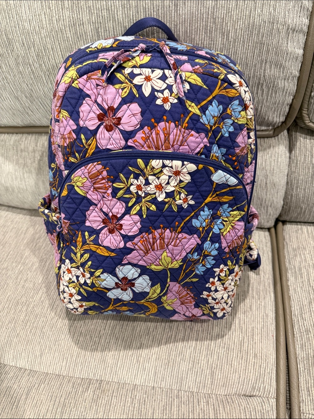 Vera Bradley Garden Coffee Navy Quilted Floral Backpack with Pink & Blue Blooms